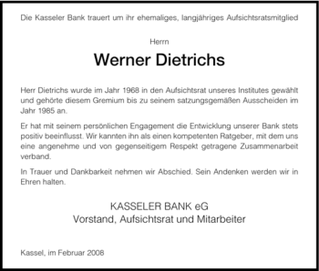 Todesanzeige von Werner Dietrichs von HNA