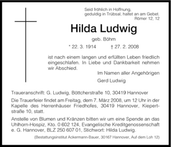 Todesanzeige von Hilda Ludwig von HNA