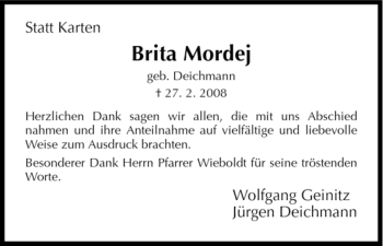 Todesanzeige von Brita Mordej von HNA