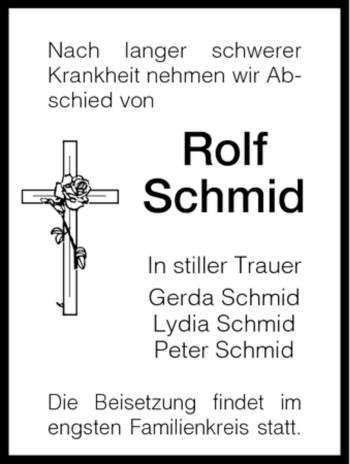 Todesanzeige von Rolf Schmid von HNA