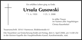 Todesanzeige von Ursula Gusowski von HNA