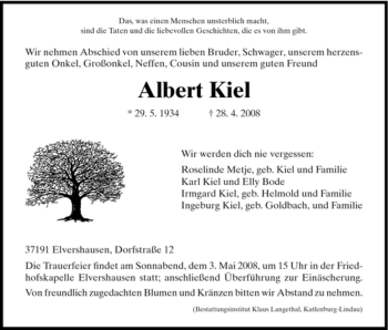 Todesanzeige von Albert Kiel von HNA