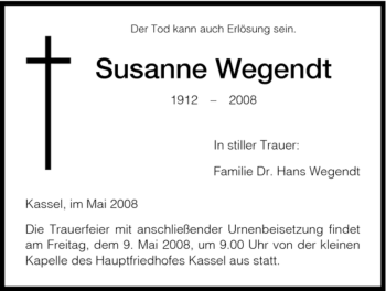 Todesanzeige von Susanne Wegendt von HNA