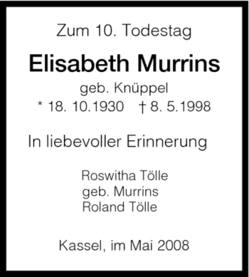 Todesanzeige von Elisabeth Murrins von HNA