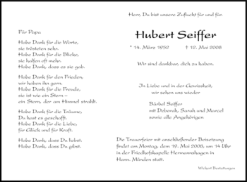 Todesanzeige von Hubert Seiffer von HNA