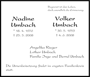 Todesanzeige von Nadine & Volker Umbach von HNA