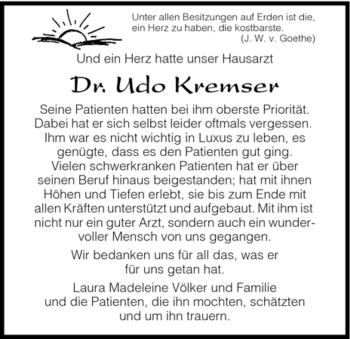 Todesanzeige von Udo Kremser von HNA