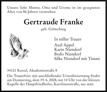 Todesanzeige von Gertraude Franke von HNA