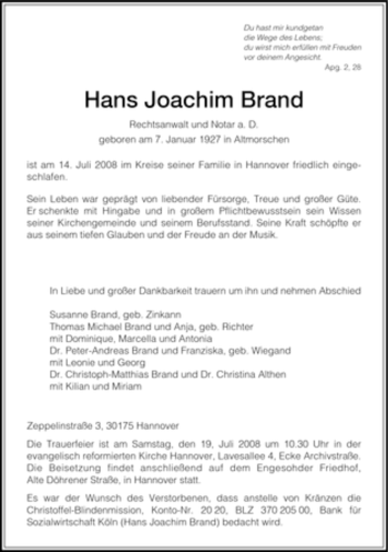 Todesanzeige von Hans Joachim Brand von HNA