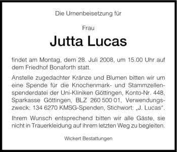 Todesanzeige von Jutta Lucas von HNA