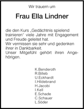 Todesanzeige von Ella Lindner von HNA