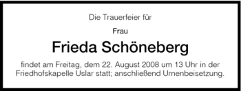 Todesanzeige von Frieda Schöneberg von HNA