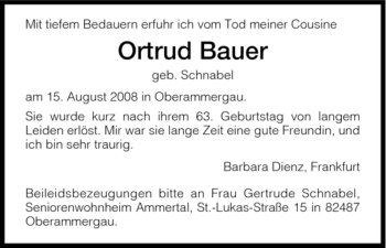 Todesanzeige von Ortrud Bauer von HNA