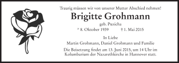 Todesanzeige von Brigitte Grohmann von HNA