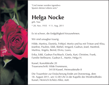 Todesanzeige von Helga Nocke von HNA