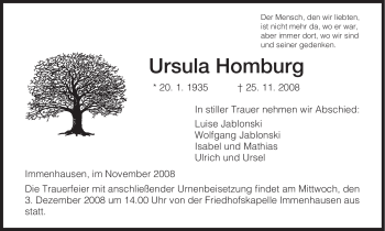 Todesanzeige von Ursula Homburg von HNA