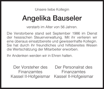 Todesanzeige von Angelika Bauseler von HNA