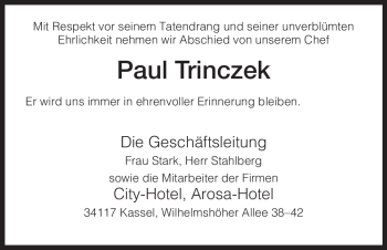 Todesanzeige von Paul Trinczek von HNA