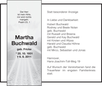 Todesanzeige von Martha Buchwald von HNA