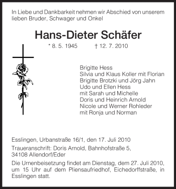 Todesanzeige von Hans-Dieter Schäfer von HNA