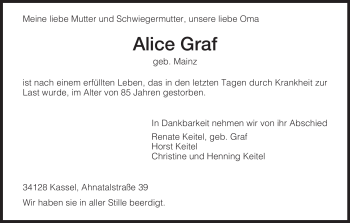 Todesanzeige von Alice Graf von HNA