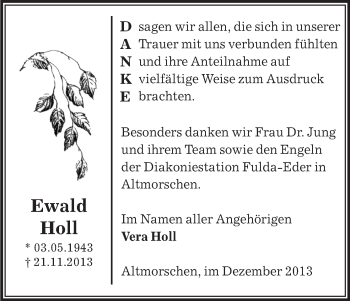 Todesanzeige von Ewald Holl von etm