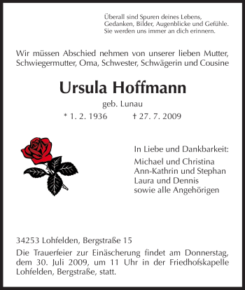 Todesanzeige von Ursula Hoffmann von HNA