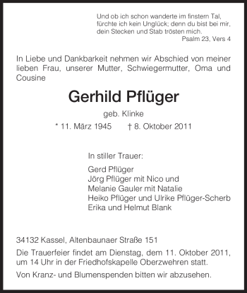 Todesanzeige von Gerhild Pflüger von HNA