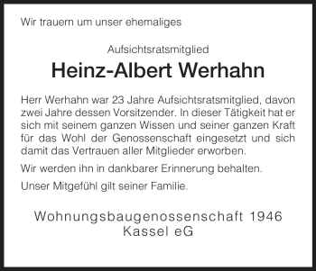 Todesanzeige von Heinz-Albert Werhahn von HNA