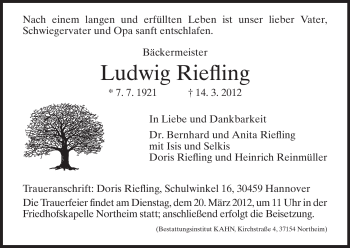 Todesanzeige von Ludwig Riefling von HNA