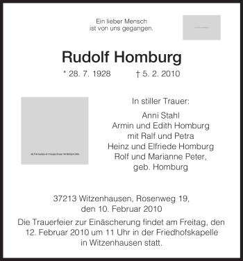 Todesanzeige von Rudolf Homburg von HNA