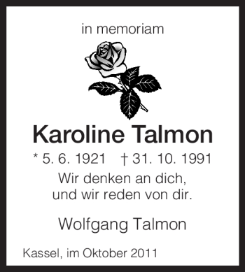 Todesanzeige von Karoline Talmon von HNA