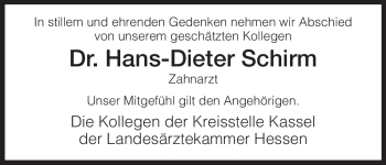 Todesanzeige von Hans-Dieter Schirm von HNA