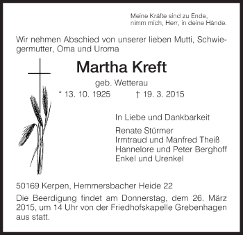 Todesanzeige von Martha Kreft von HNA