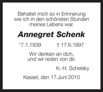 Todesanzeige von Annegret Schenk von HNA