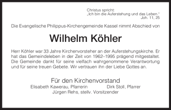 Todesanzeige von Wilhelm Köhler von HNA