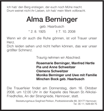 Todesanzeige von Alma Berninger von HNA