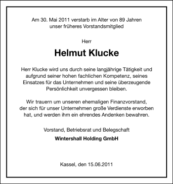 Todesanzeige von Helmut Klucke von HNA