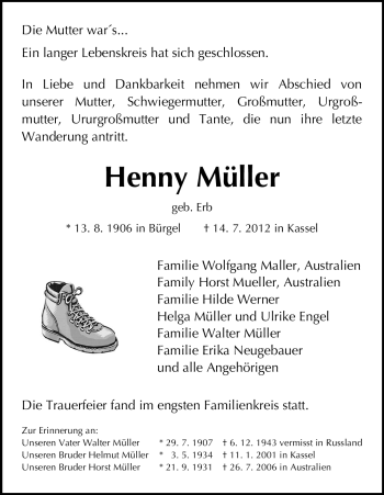 Todesanzeige von Helmut Müller von HNA