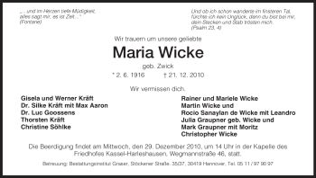 Todesanzeige von Maria Wicke von HNA