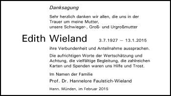 Todesanzeige von Edith Wieland von HNA