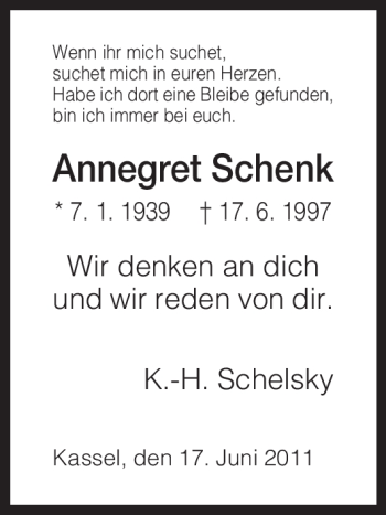 Todesanzeige von Annegret Schenk von HNA