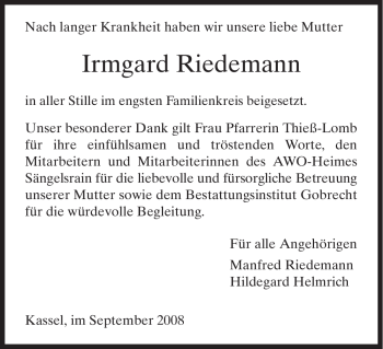 Todesanzeige von Irmgard Riedemann von HNA