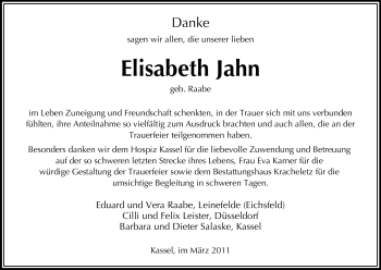 Todesanzeige von Elisabeth Jahn von HNA