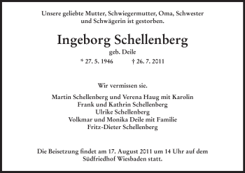 Todesanzeige von Ingeborg Schellenberg von HNA