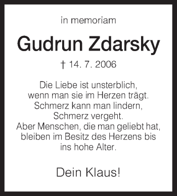 Todesanzeige von Gudrun Zdarsky von HNA