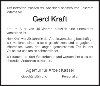 Todesanzeige von Gerd Kraft von HNA