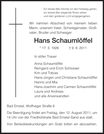Todesanzeige von Hans Schaumlöffel von HNA
