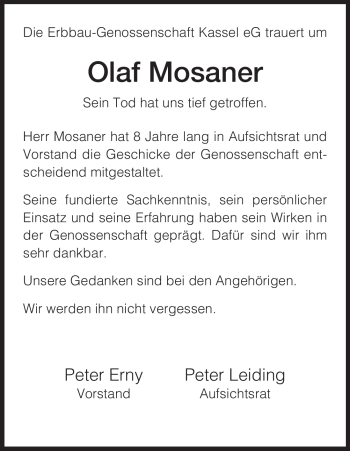 Todesanzeige von Olaf Mosaner von HNA