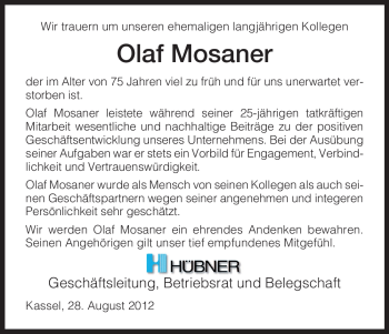 Todesanzeige von Olaf Mosaner von HNA